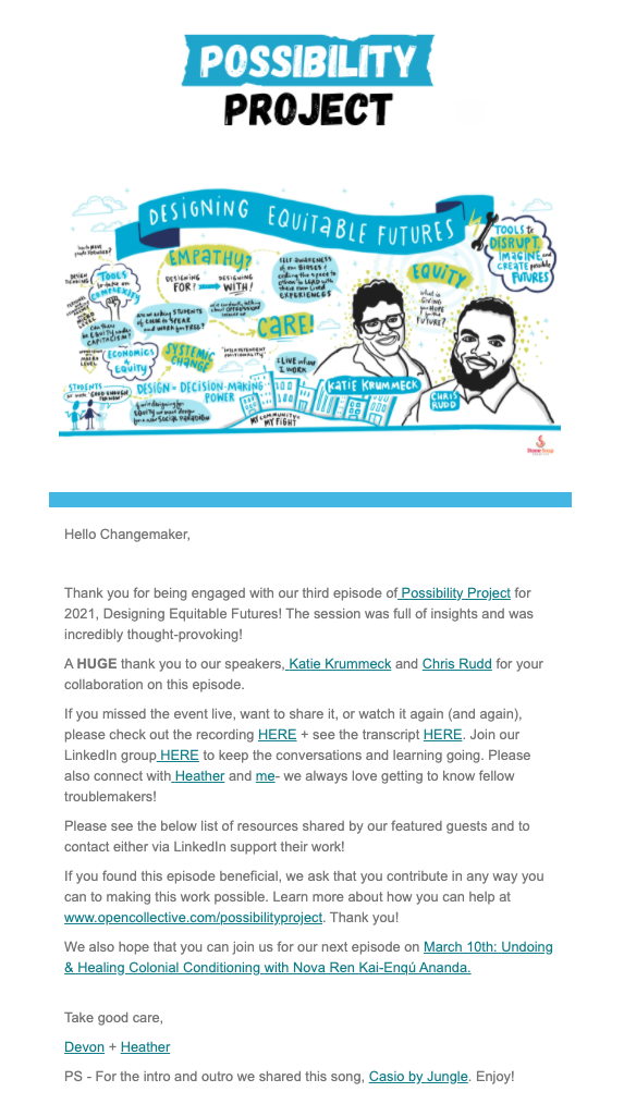 Designing Equitable Futures summary image included in an email from Possibility Project