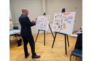 Participants at a meeting take photos of posters scribed live by a visual note taker