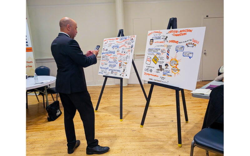 Participants at a meeting take photos of posters scribed live by a visual note taker